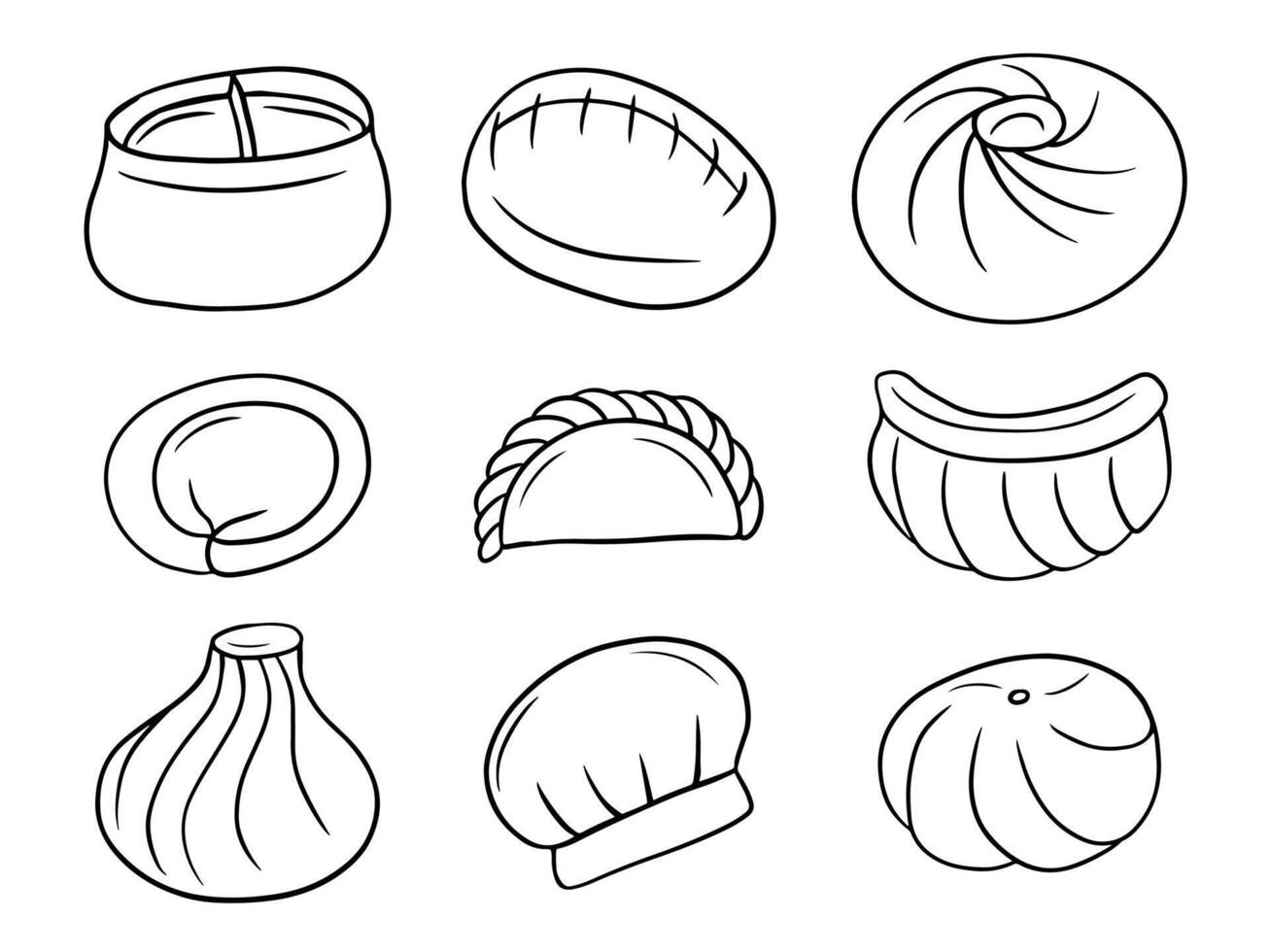 Set of dish with dough and meat in sketch style. Chinese dumplings, gyoza, vareniki, khinkali, dim sum and manti doodle set vector