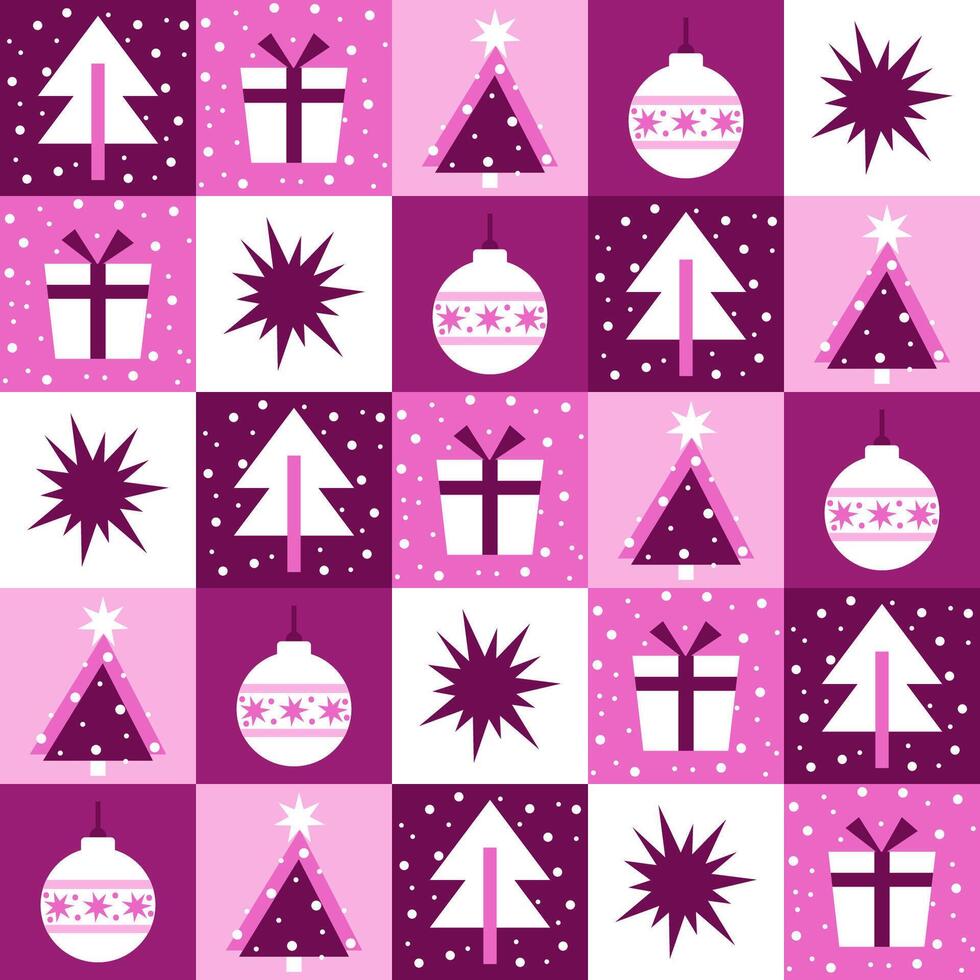 Checkered Seamless Christmas pattern with Christmas tree, gifts and snowflakes vector
