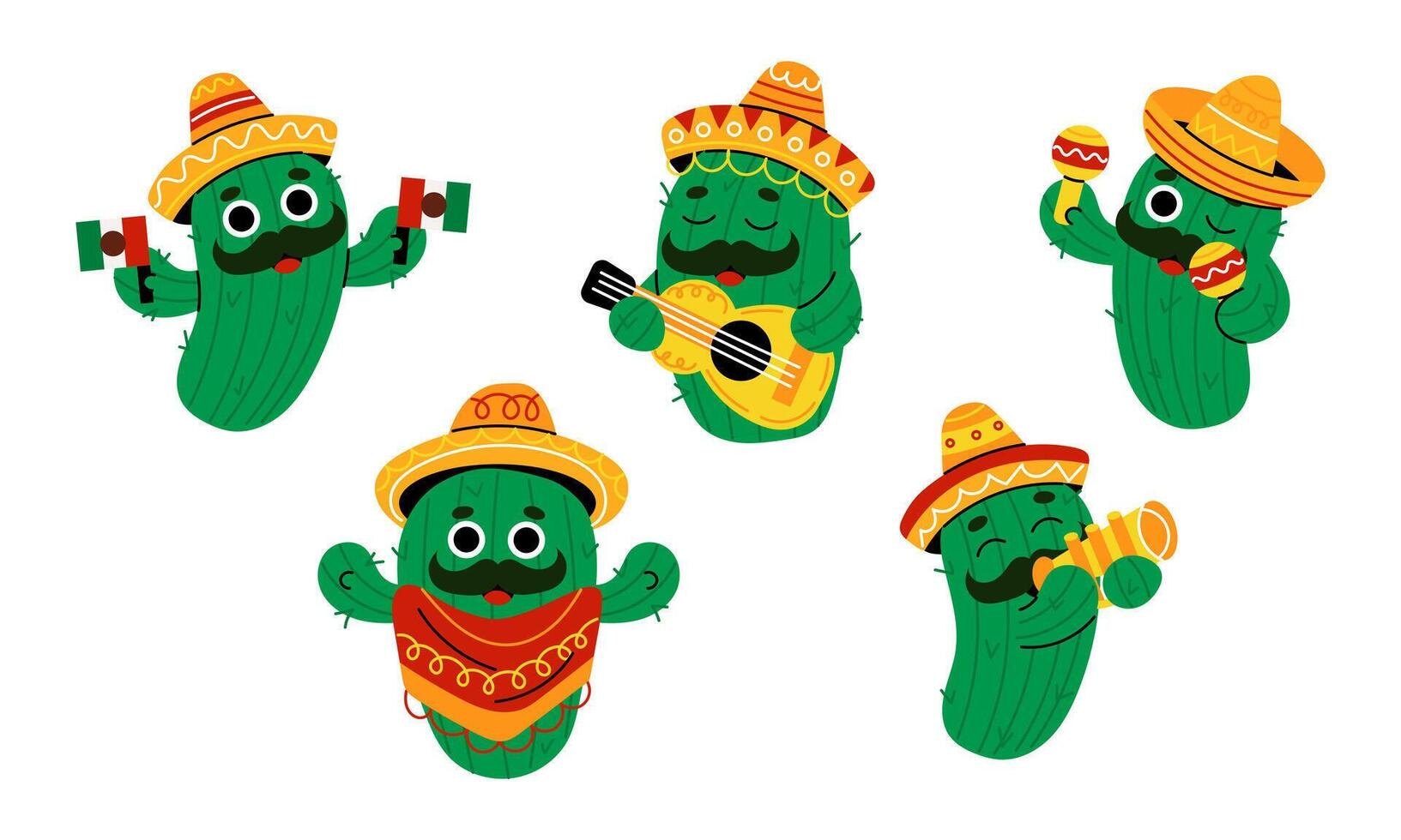 Set of cute cactus in sombrero with Mexican elements like flags guitar maracas poncho and trumpet Cartoon characters for Viva Mexico Cinco de Mayo Latin holidays and fiesta design vector