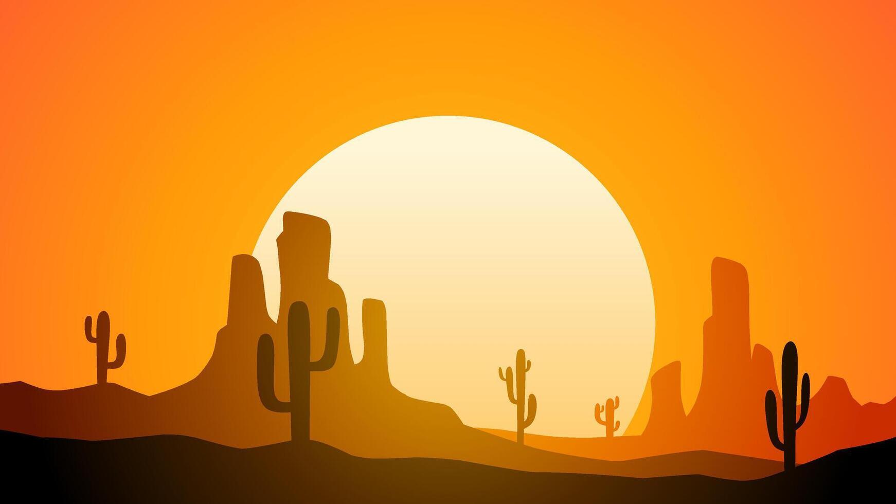 Desert landscape of canyon scenery with cactus and butte. Panoramic view of wild west desert with cacti and a sunset.Illustration of the scenic arizona desert with buttes and mesas vector