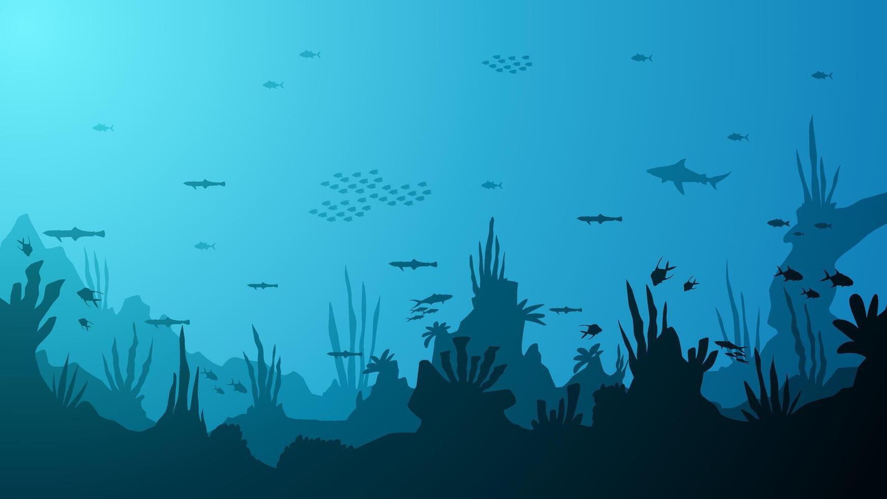 Underwater landscape of fishes and coral reefs scenery. Panoramic view of tropical fish and a shark in aquatic environment.Illustration of marine life with sea animal and nautical vegetation vector