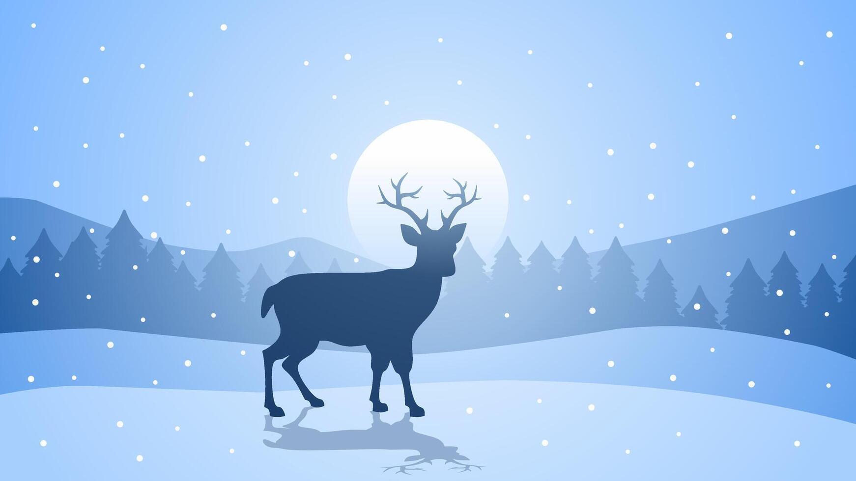 Wildlife landscape of reindeer in a winter scenery. Panoramic view of reindeer on a snowy hill with coniferous trees.Illustration of scenic landscape with reindeer on a cold season vector