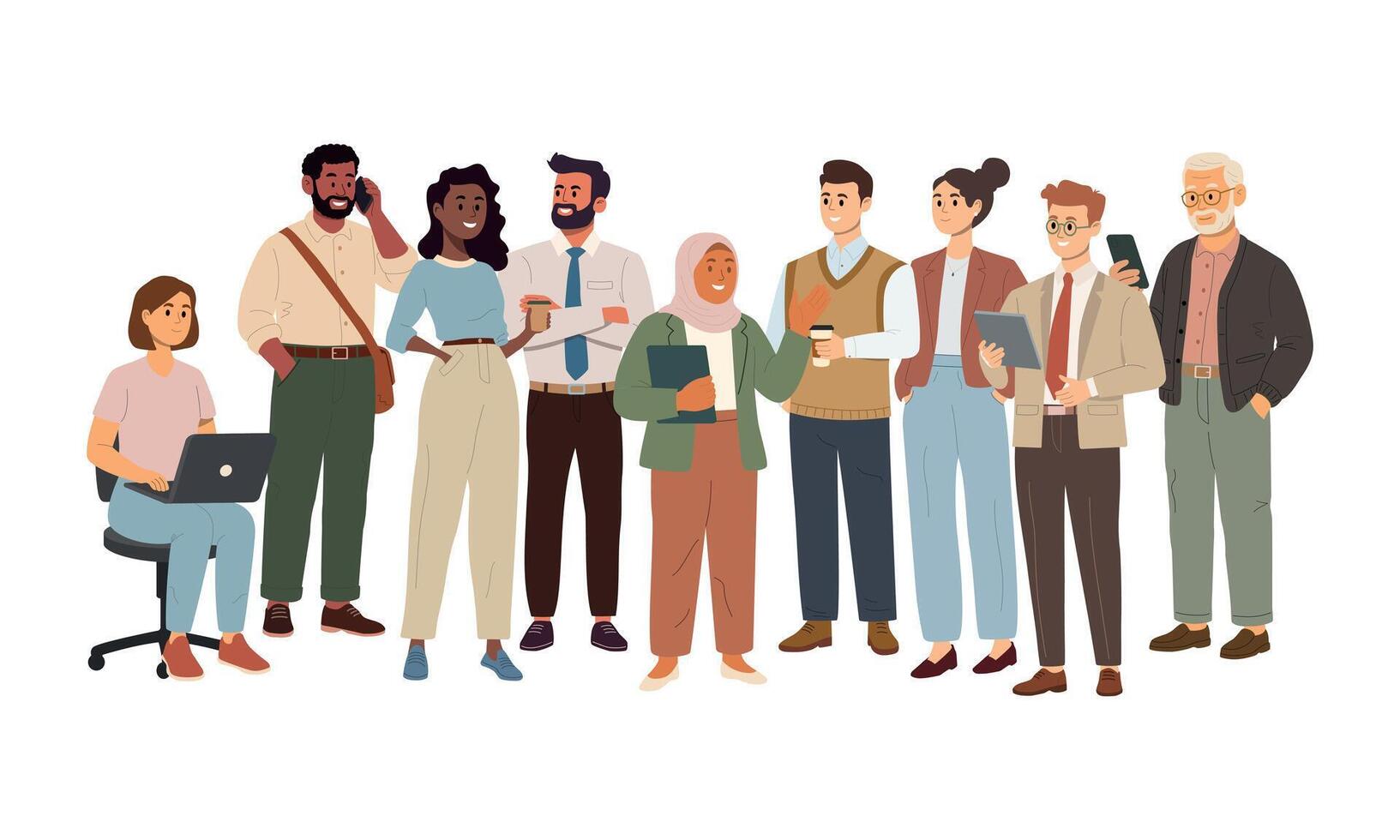 Business team. Group of diverse entrepreneurs. Office workers, corporate group of happy colleagues, employees, professionals, coworkers. Flat illustration on white background vector