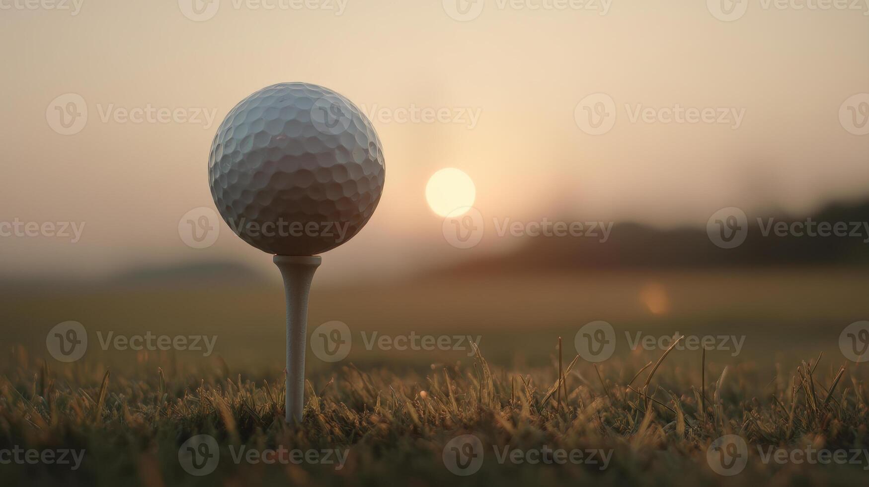 golf ball on tee at sunrise, surrounded by grass, creating serene and peaceful atmosphere for golfers photo