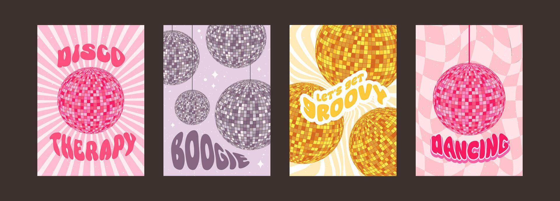 Set of brightly colored dopamine disco ball posters. Twisted lines, retro beams, shiny glass ball. posters for interior with positive vibe. vector