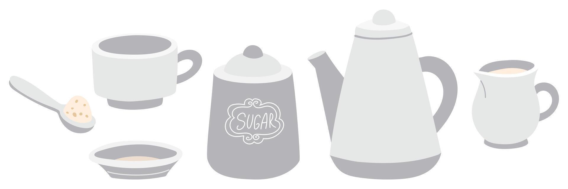 Kitchen utensils for tea drinking. Porcelain teapot, mug, saucer, sugar bowl, cream container. The dishes are varied. Retro-style flatware for liquids. Separate color illustration in gray vector