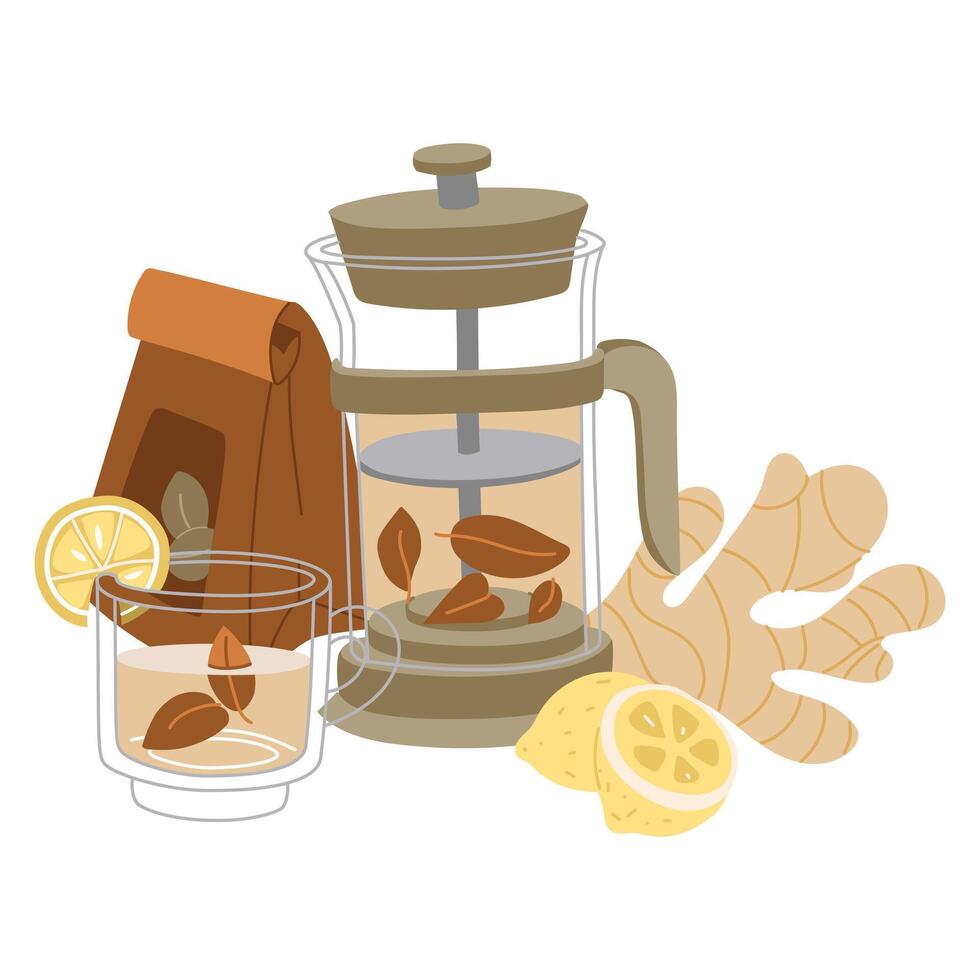 collection of tea ceremony themed items. It's time for tea party. illustrations of tea set with teapot, mug, package of loose tea, lemon, ginger root on white. Items for a cozy tea party vector