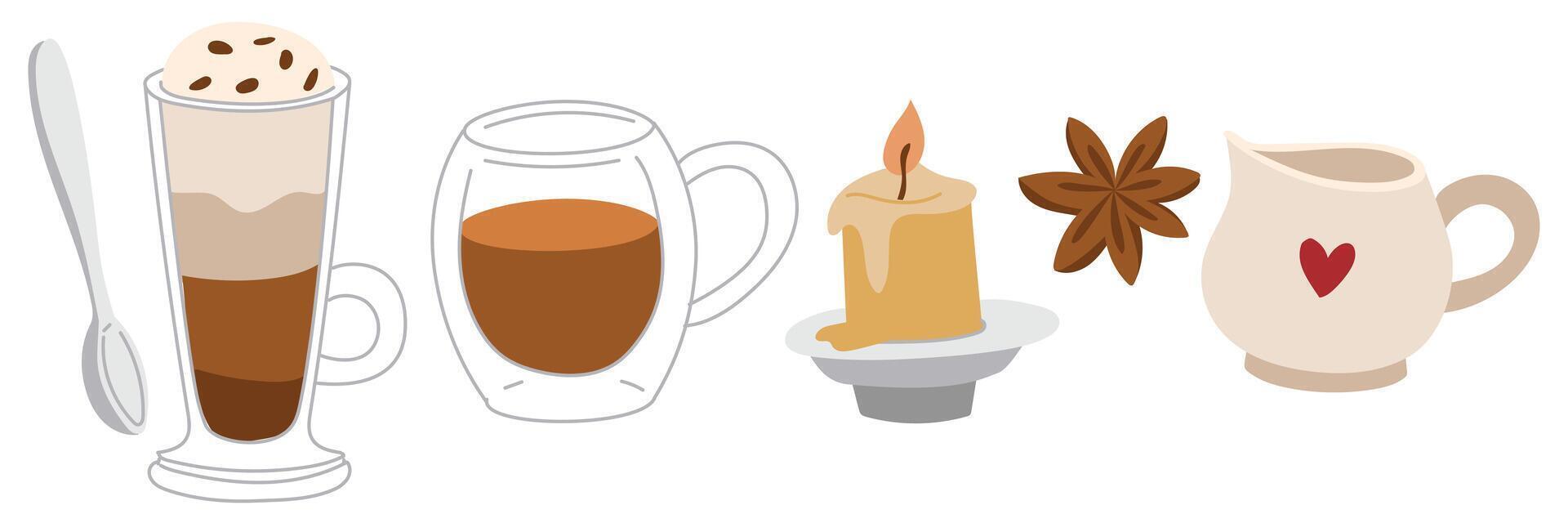 set of various cups with a coffee drink. Invigorating coffee, layered coffee drink, star anise, candle, cream. collection for a traditional and cozy pastime. warm drink. Flat color illustration vector