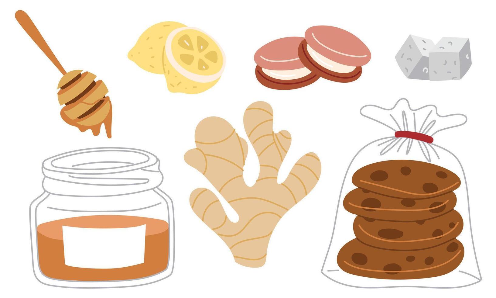collection of sweet items for the tea ceremony. It's time for the tea party. illustrations with honey, lemon, ginger, cookies and sweets on a white background. Items for a cozy tea party vector