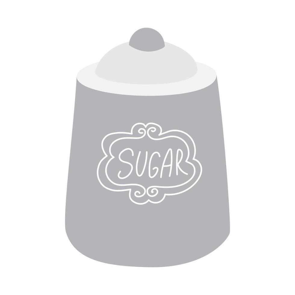 The porcelain sugar bowl is white with an inscription. Insulated jar for storing crumbly sugar on a white background. A sweetener for tea. A flat illustration of a storage jar. Kitchen utensils vector