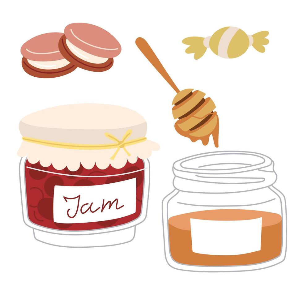 set of sweets for a tea party. Lollipops, sweets, biscuits, pasta, jam, honey. Isolated tea objects on a white background. Different types of drawings of sweet objects vector