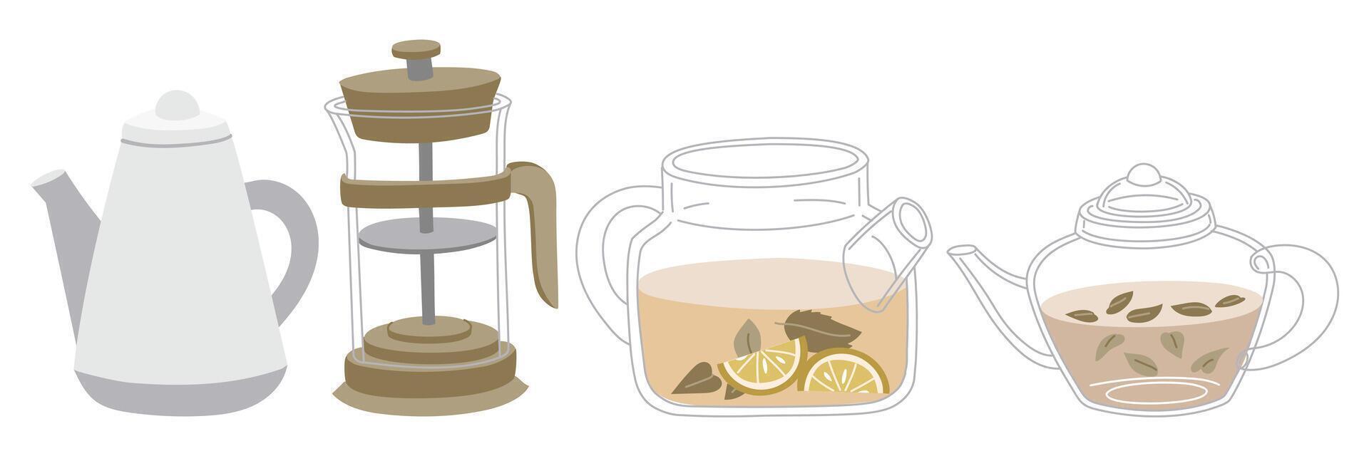 set of various glass teapots with tea leaves. Glass, porcelain, transparent teapot for brewing. indoor, outdoor kettle with tea. kettle for traditional cozy tea party. Flat color illustration vector
