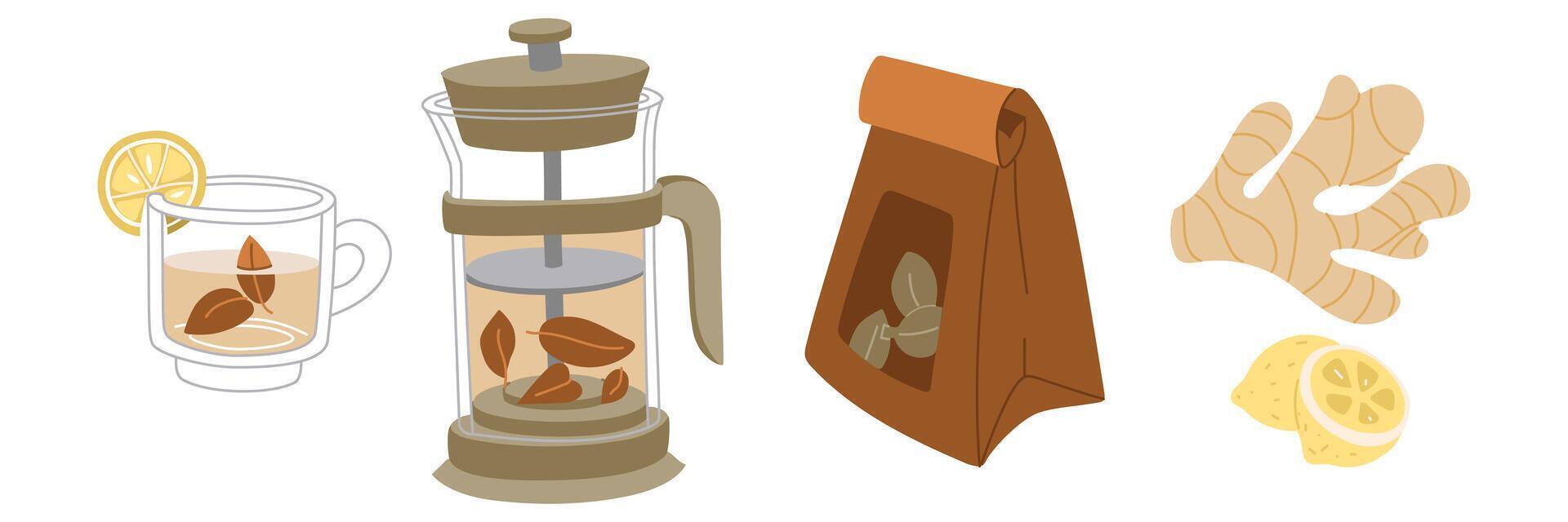 collection of tea themed items. It's time for tea party. illustrations of tea set with teapot, mug, package of loose tea, lemon, ginger root on white. Items for a cozy tea party vector