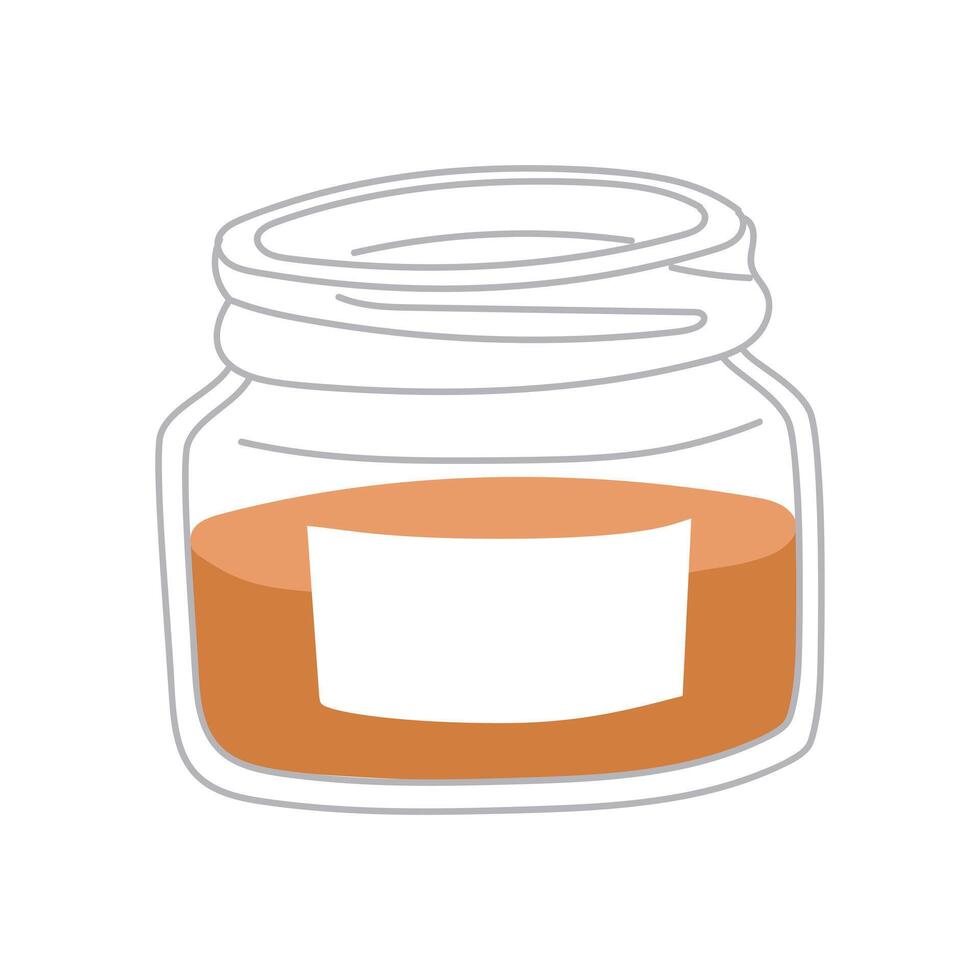 Honey in a glass jar. Orange honey opened in a jar with a place for an inscription. Sweet food for a tea party. Homemade honey. Handmade work. Flat illustration of food, isolated on a white vector