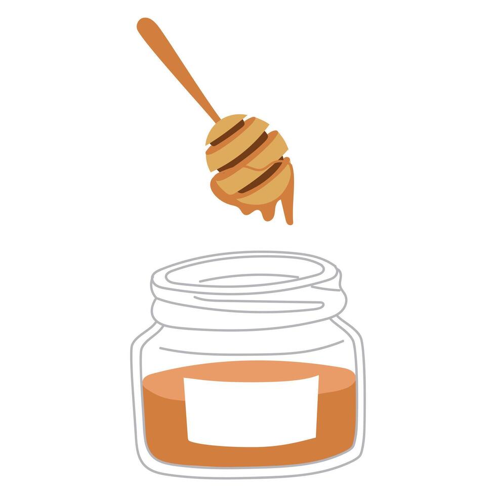 Honey in a glass jar and a wooden spoon. Honey drips into the jar from a spoon. A sweet dish for a tea party. Homemade honey. Handmade work. Flat illustration of food, highlighted on a white vector