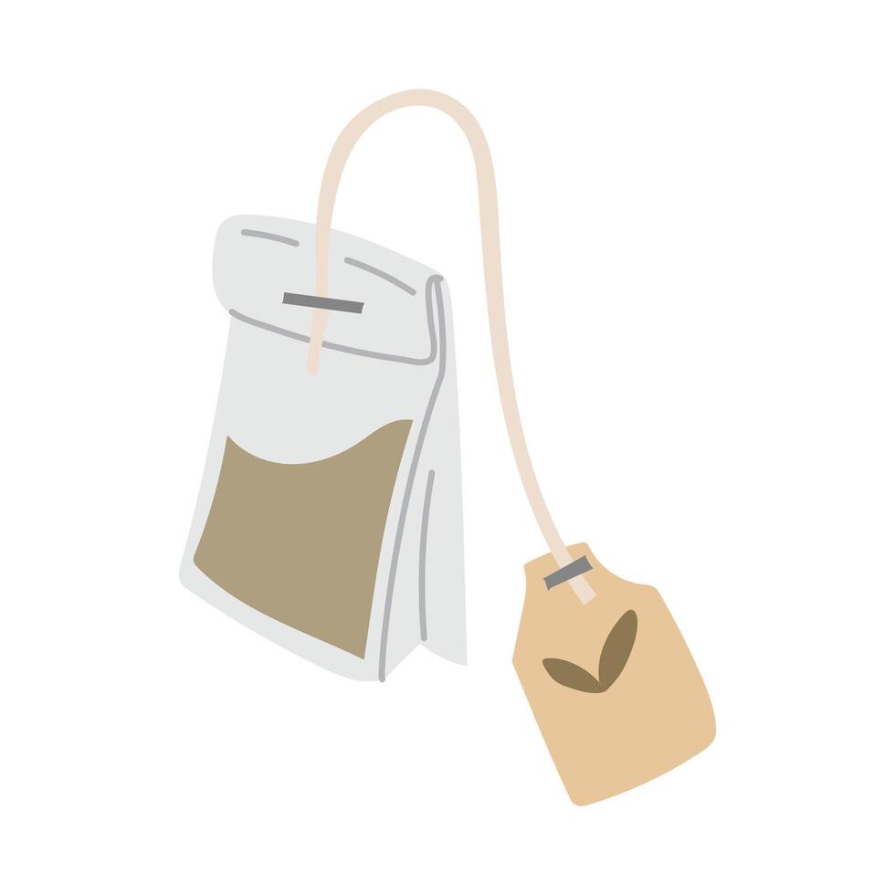 The tea bag is flat. Green, black rectangular tea bags for brewing. A bag with a label. It's tea time. For hot drinks for brewing with water. Colored light illustration vector