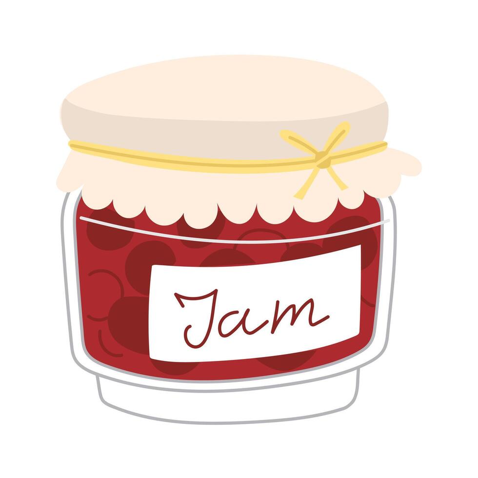Jam in a glass jar. Red jam with berries, closed in a jar with an inscription. Sweet food for a tea party. Homemade jam. Handmade work. Flat illustration of food, isolated on a white background vector