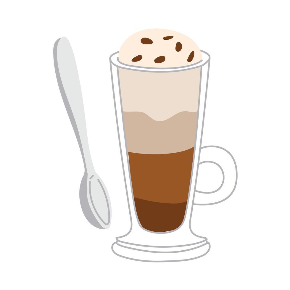 Transparent glass tall cup with coffee drink layers. Foam with chocolate chips. A delicious coffee drink with a long spoon for a traditional and cozy pastime. Flat color illustration vector