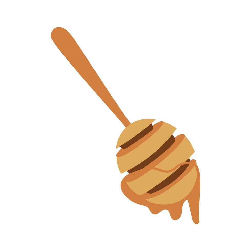 Honey on a spoon. Orange honey drips from a wooden honey spoon. Sweet food for a tea party. Homemade honey, honey check. Handmade work. Flat illustration of food, isolated on a white background vector