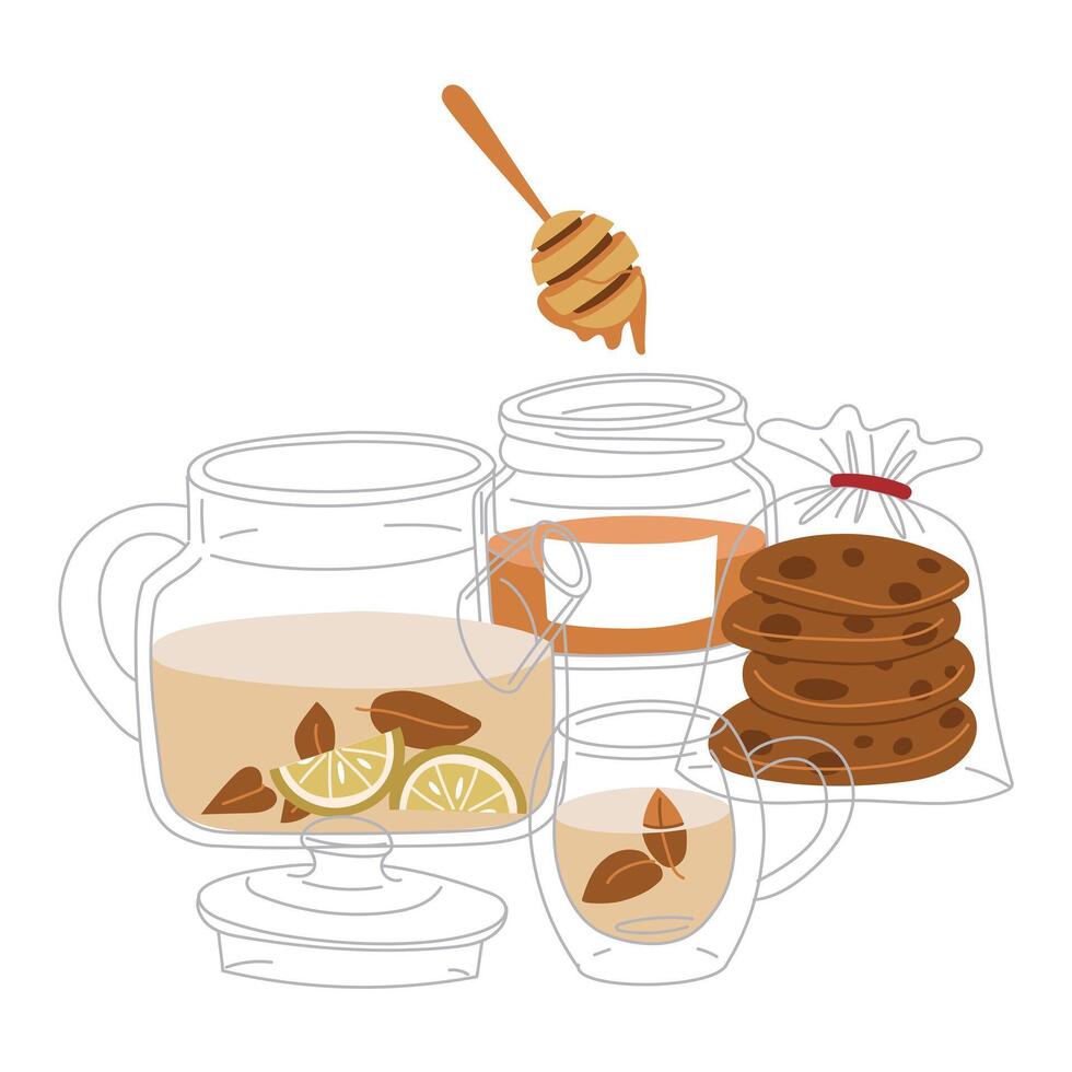 Illustration of group of objects on the theme of the tea ceremony. It's time for tea party. illustrations of tea set with teapot, mug, package of oatmeal cookies, honey on white. cozy tea party vector