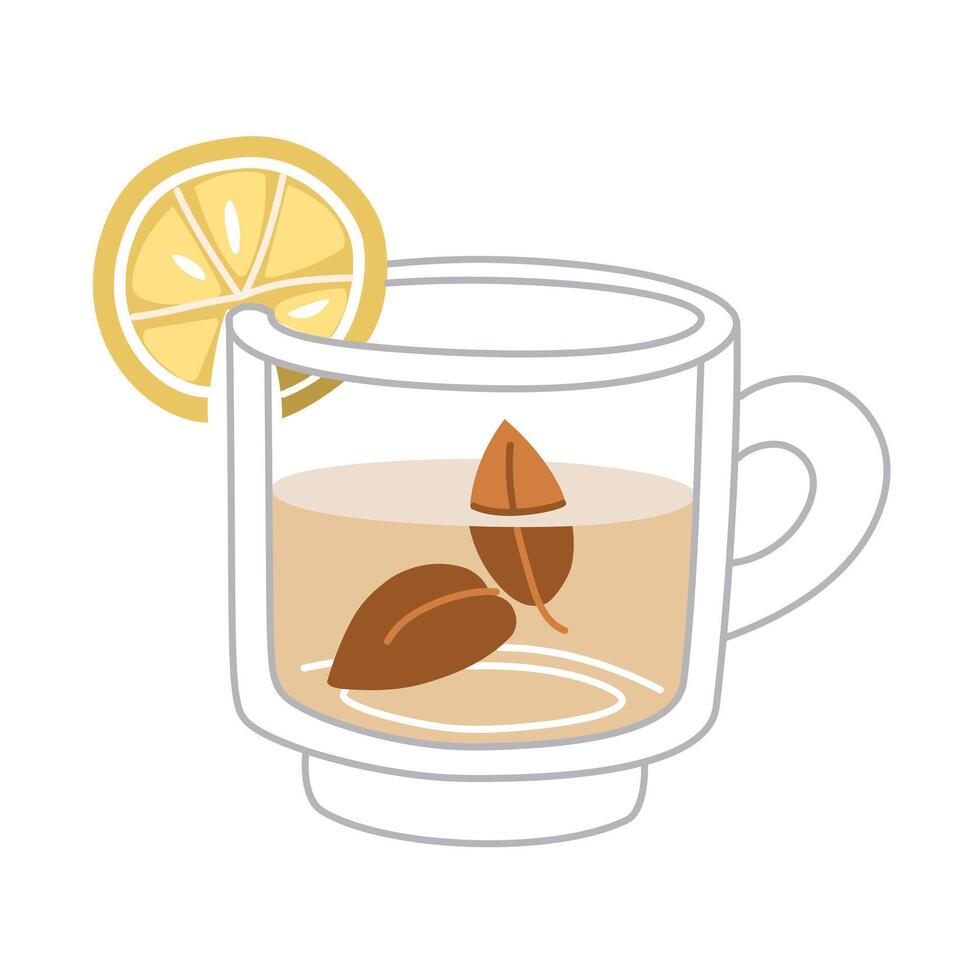 Transparent glass cup with tea leaves and lemon. An open teapot with lemon slices. Brewing tea for a traditional and cozy tea party. Flat color illustration vector