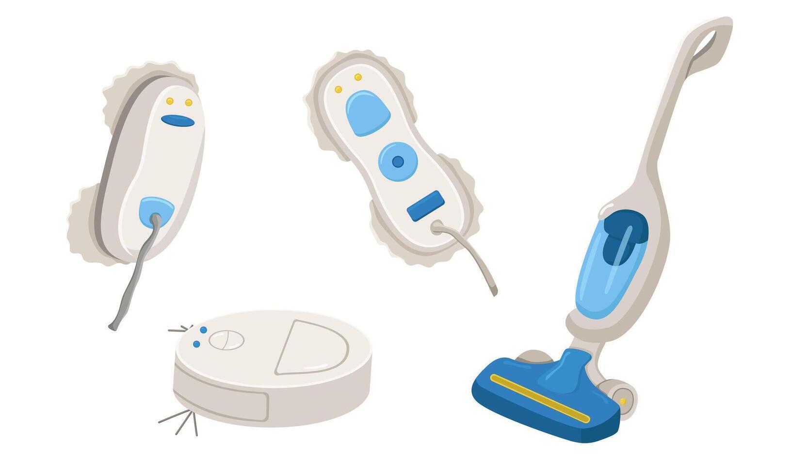 set of modern equipment for house cleaning isolated on white background. Illustration of window cleaner, vacuum cleaner and robot vacuum cleaner. vector
