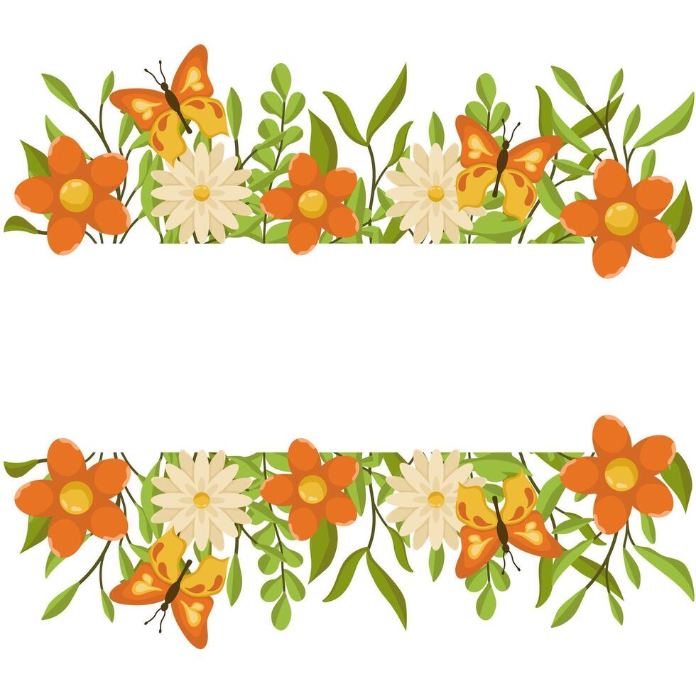 spring banner with colorful flowers, butterflies and space for text. Colored botanical illustration for greeting cards and invitations. vector