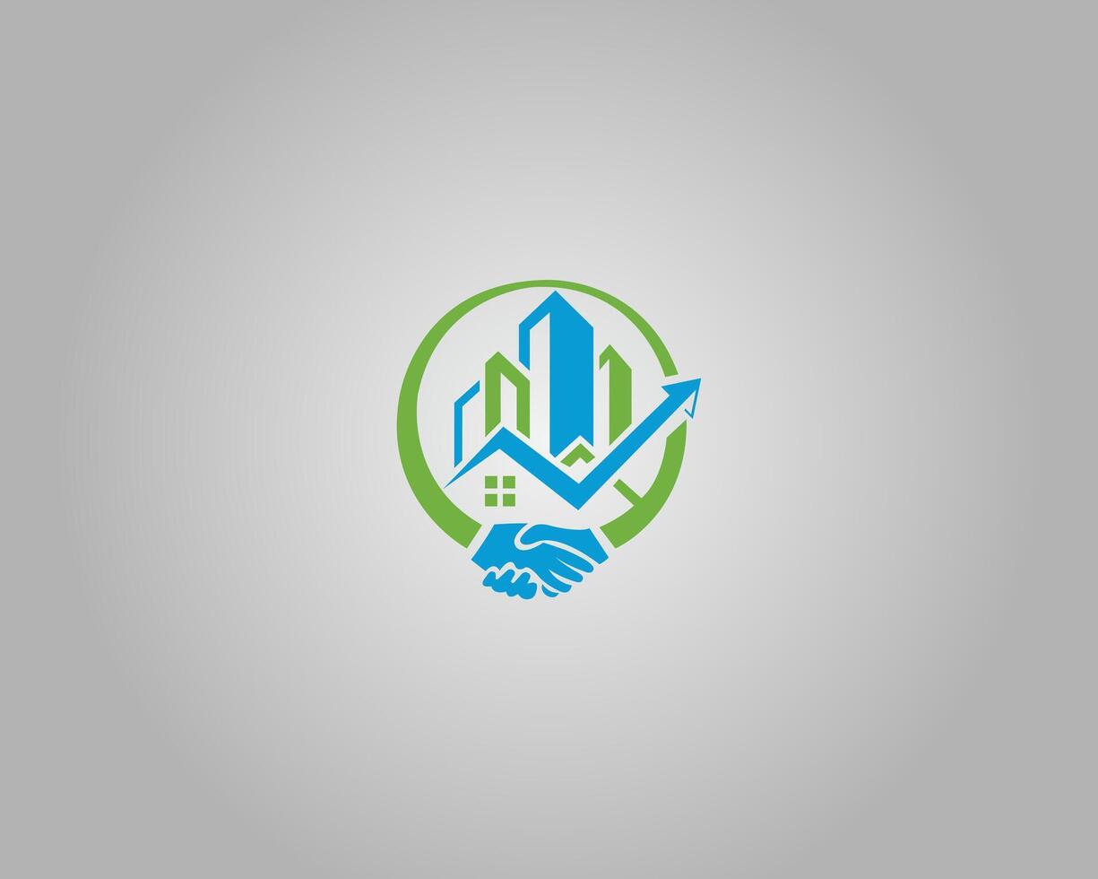 Real Estate Logo with Handshake and Growth Arrow Logo Design Template. vector