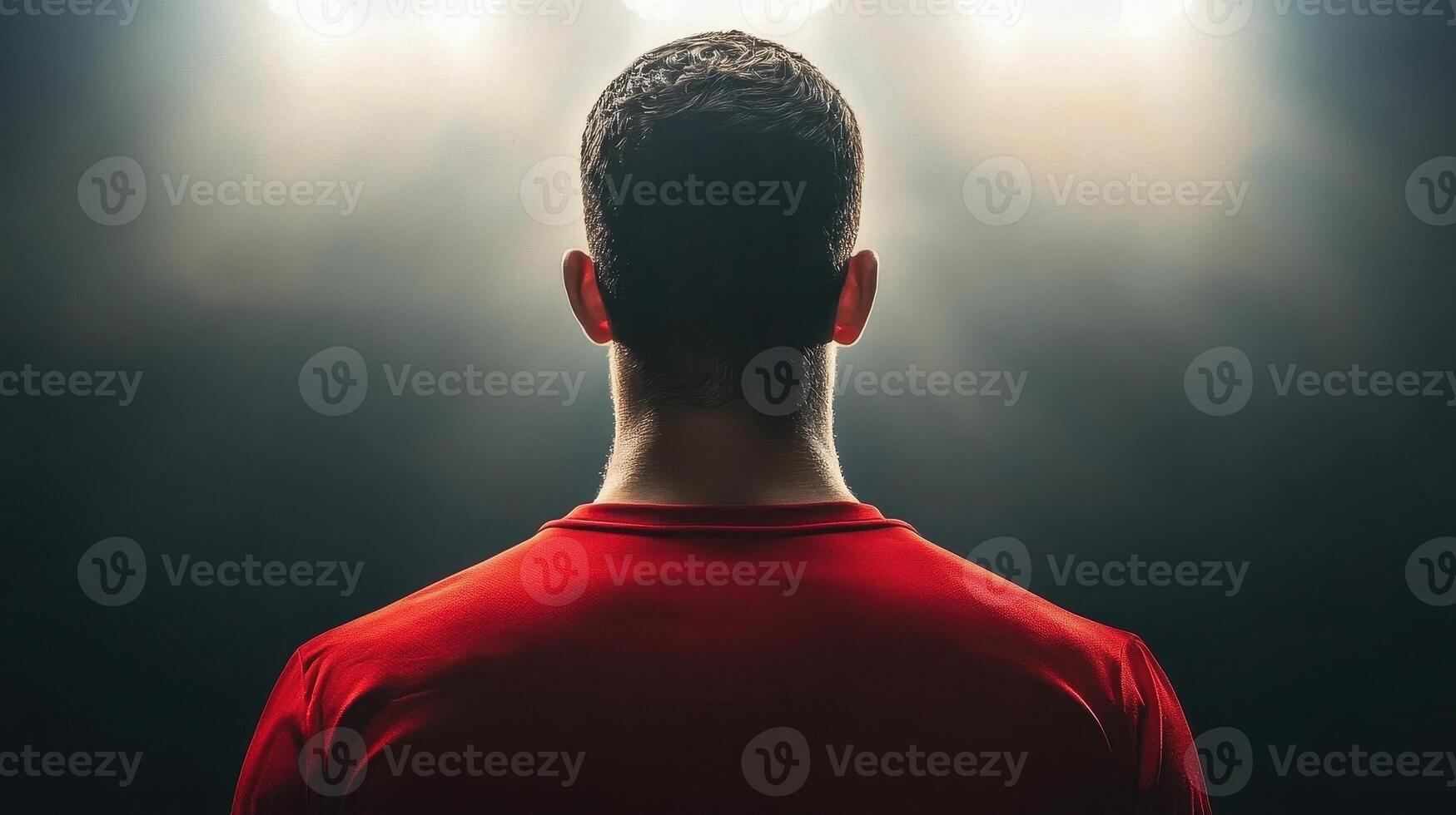 football player stands confidently in red jersey, illuminated by dramatic lighting, ready for game ahead photo