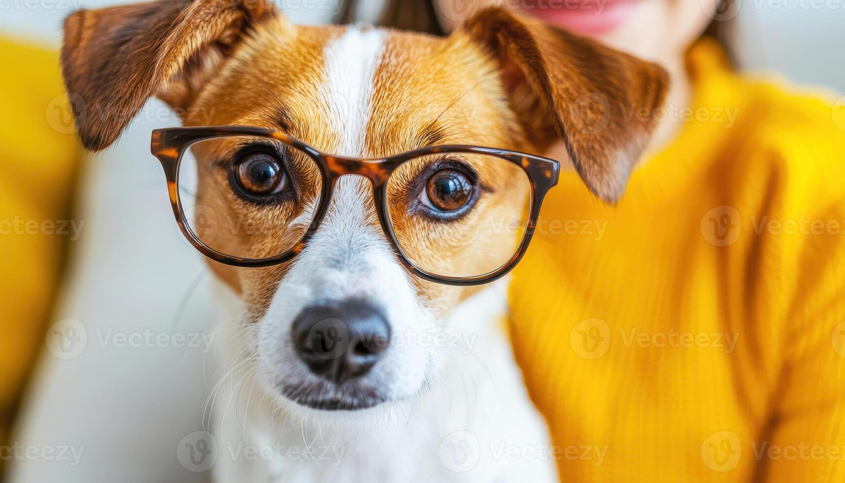 Candid moment of dog wearing glasses, showcasing playful and adorable expression, with cozy living room background photo
