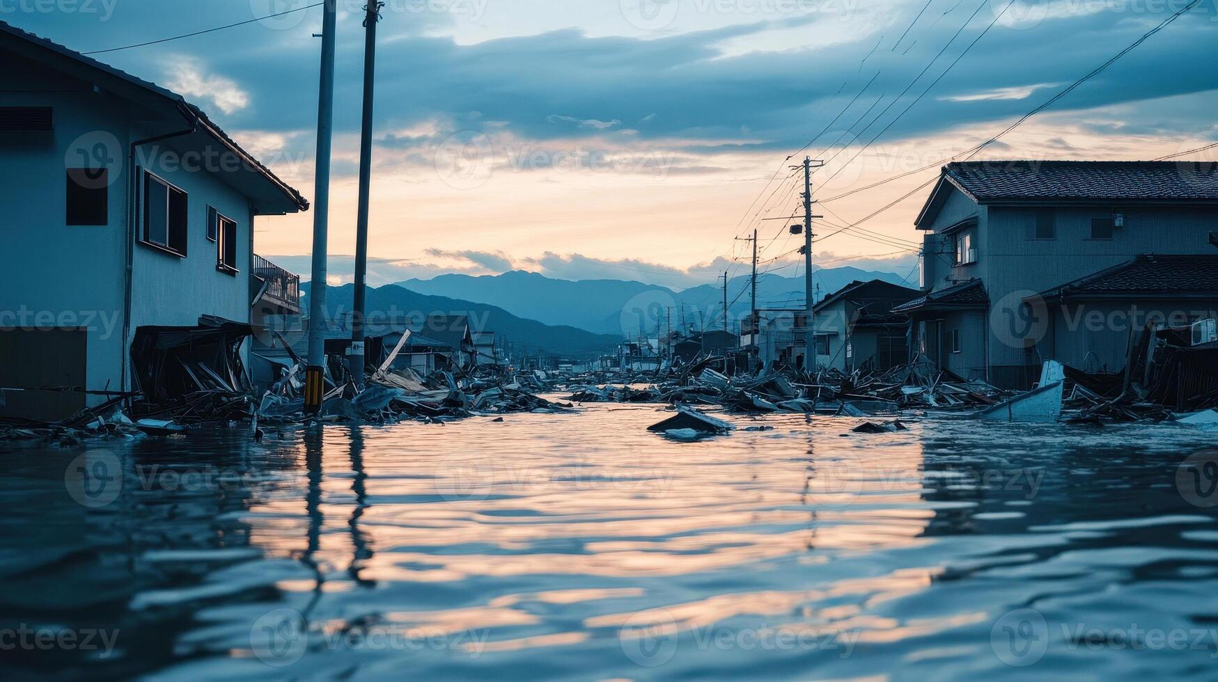 aftermath of earthquake disaster reveals flooded street with debris scattered around, highlighting urgent need for emergency response photo