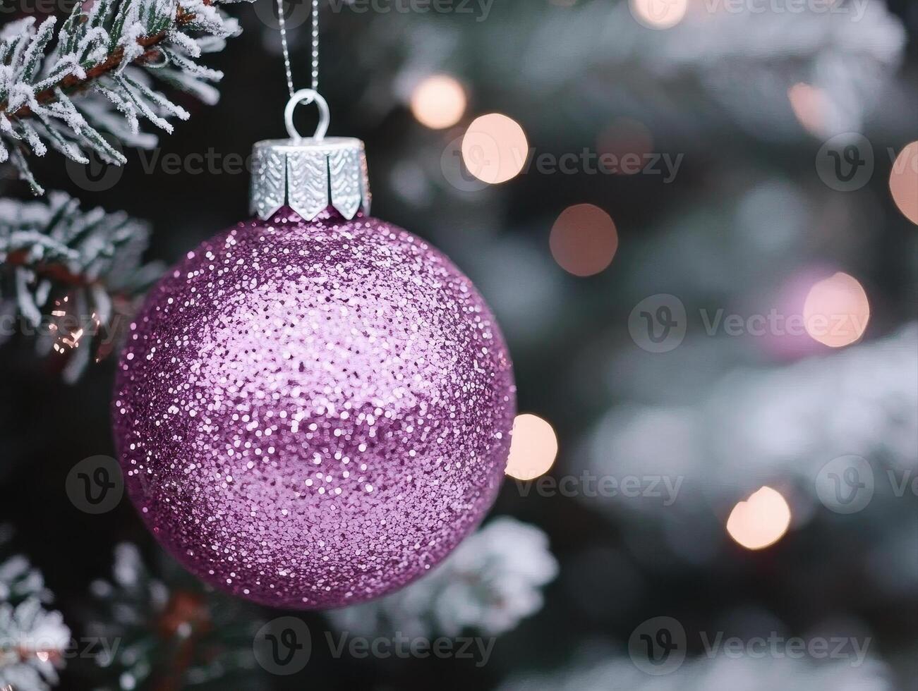 beautiful pink ornament hanging on snowy tree, surrounded by soft bokeh lights, creating festive and joyful atmosphere photo