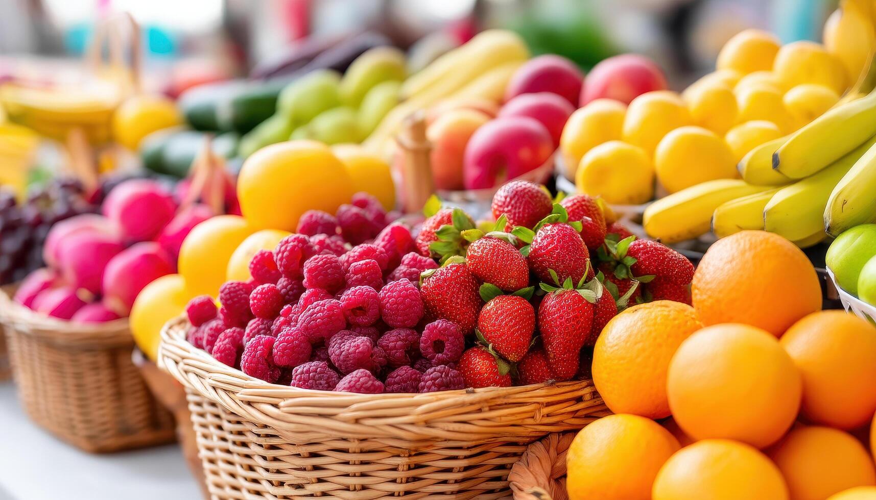Fresh fruits in vibrant colors displayed in market baskets create lively atmosphere, inviting customers to enjoy healthy choices photo