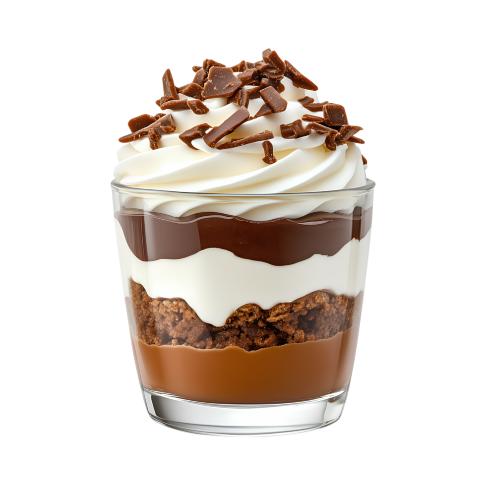 Delicious layered dessert with chocolate, cream, and crunchy toppings png