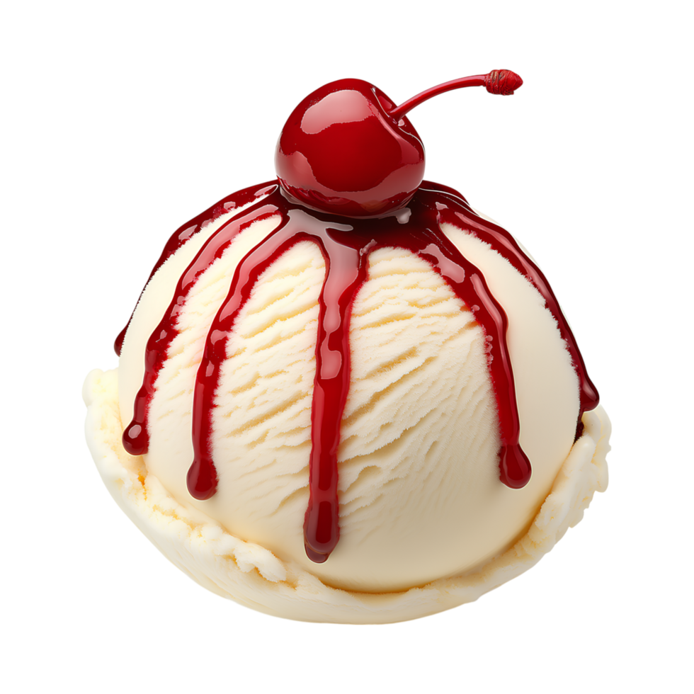 Classic vanilla ice cream topped with cherry and syrup, delightful treat png