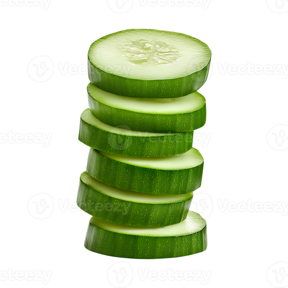 Fresh sliced zucchini stacked neatly, showcasing its vibrant green color and smooth texture png