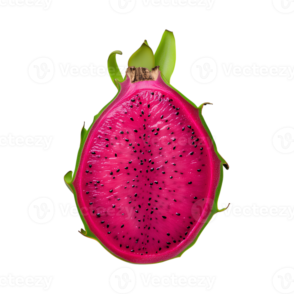 Fresh dragon fruit slice with vibrant pink flesh and tiny black seeds, showcasing its exotic png