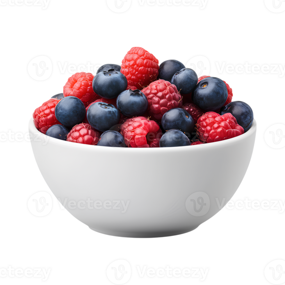 Fresh mixed berries in white bowl, vibrant and healthy, perfect for snacking png