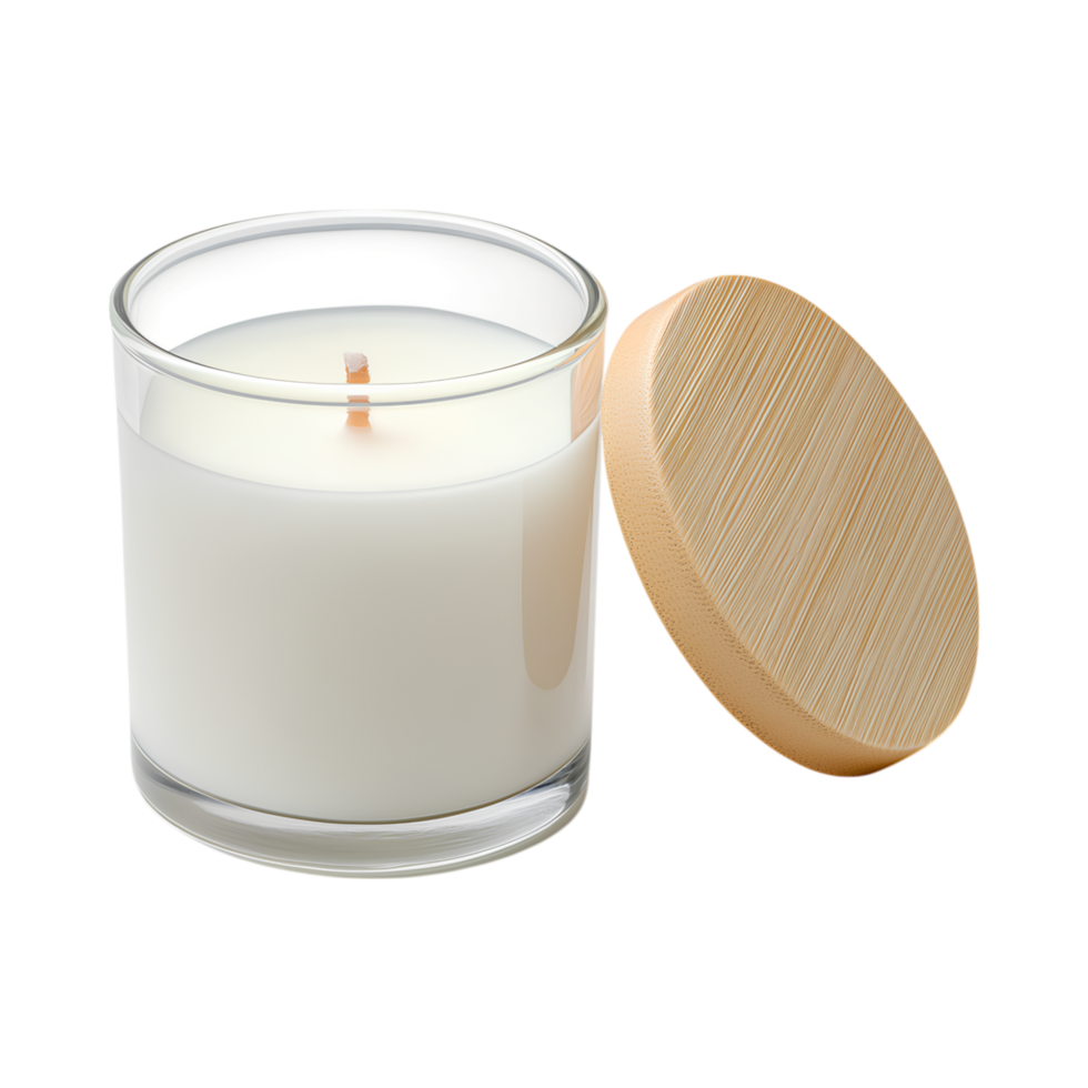 calming scented candle in glass jar with wooden lid, perfect for relaxation png