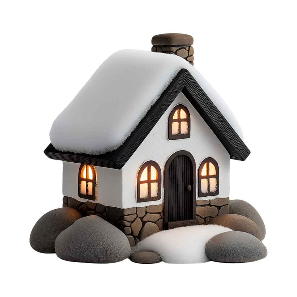 charming snow covered house with glowing windows, nestled among smooth stones, evokes cozy png
