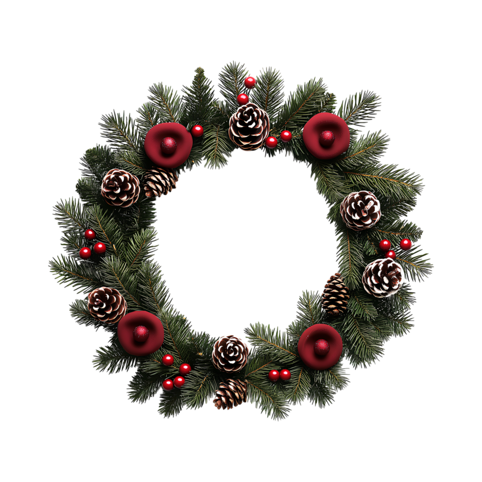 festive Christmas wreath adorned with pinecones, red berries, and green foliage brings joy png