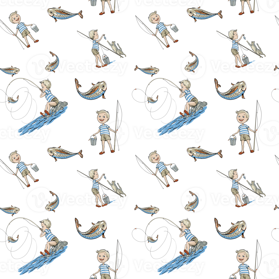 Seamless pattern with Cartoon illustration. Small boy with rod and Bucket. Looped background with Fishermans and fishes all around. Blue wrapping paper png