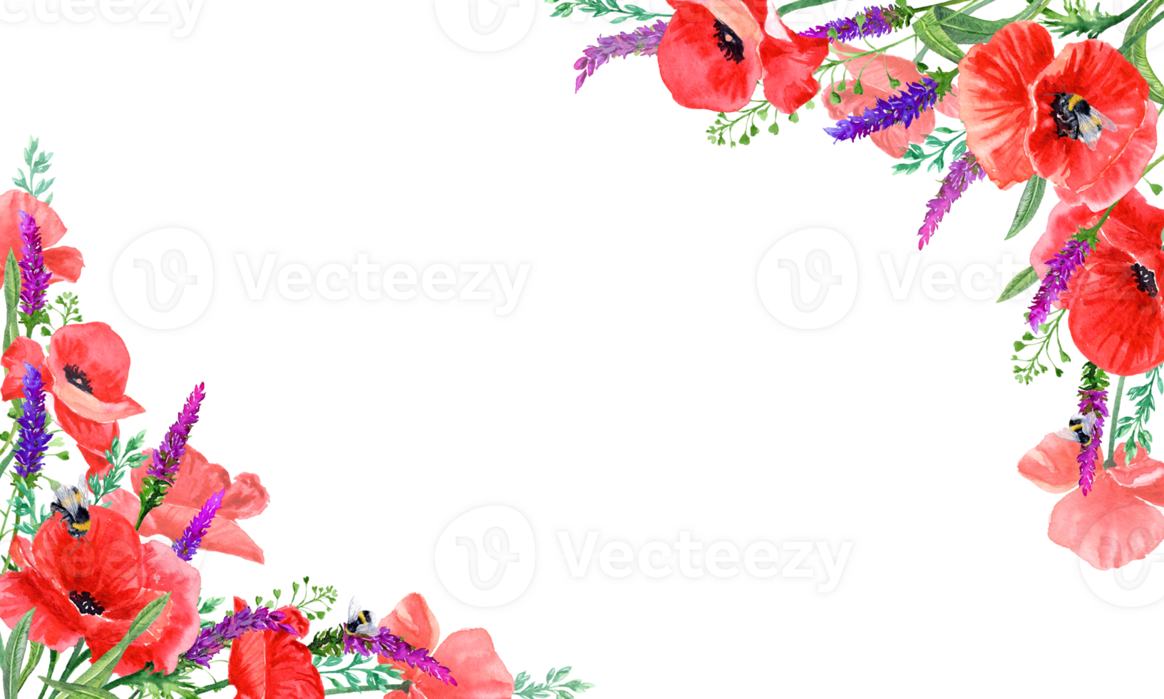 Hand drawn Greeting with red poppies and Bumblebees and with Copy Space png