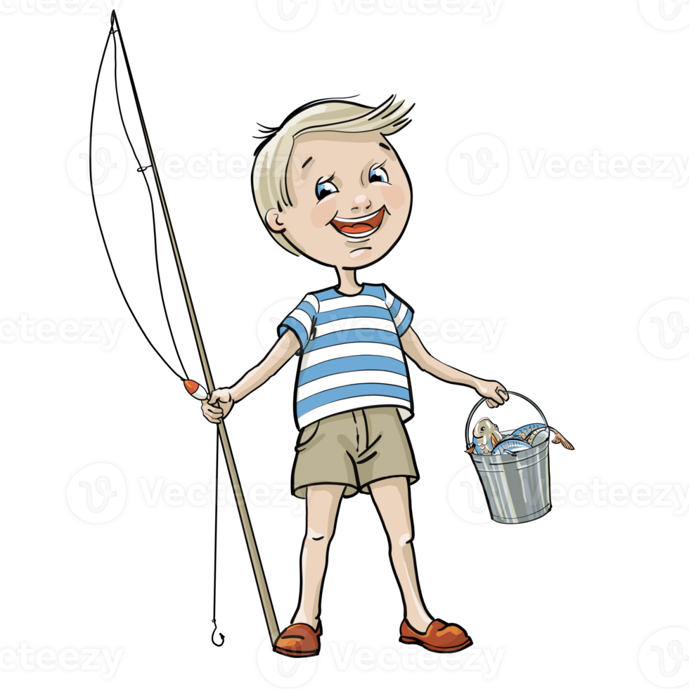 Cartoon illustration small boy-fisherman with rod and Bucket whole of fishes. Isolated from background png