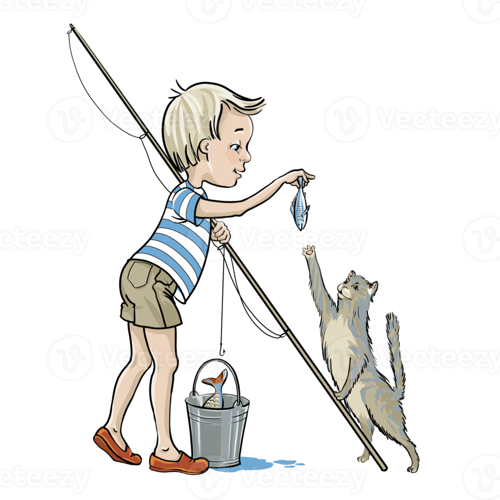 Cartoon illustration of a little boy feeding the cat with the fish. Isolated from background png