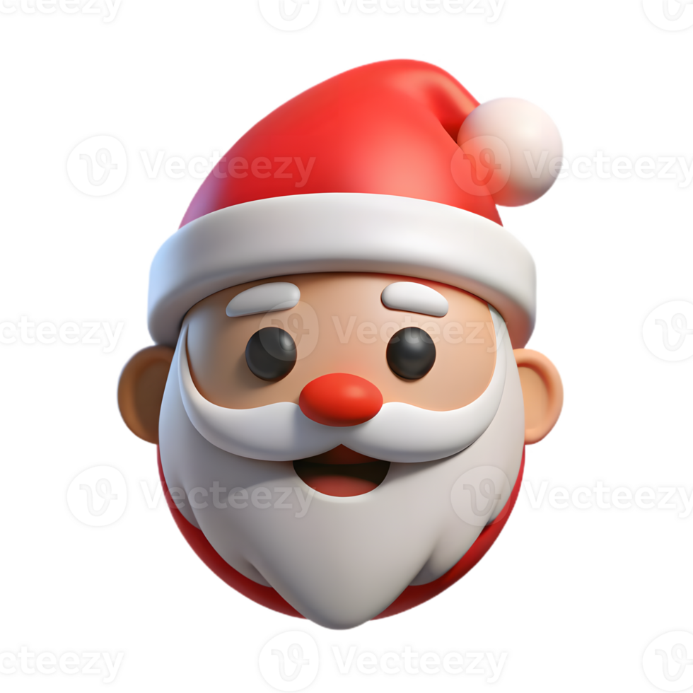 Santa Claus Face Head with Red Hat 3D Render on Transparent Background png