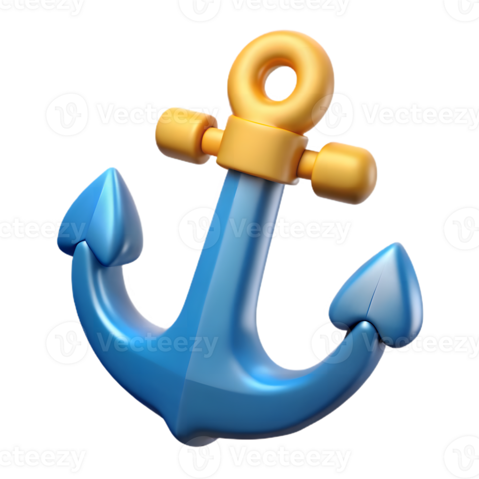Glossy Blue Anchor with Golden Shackle Isolated on Transparent Background 3D Render png