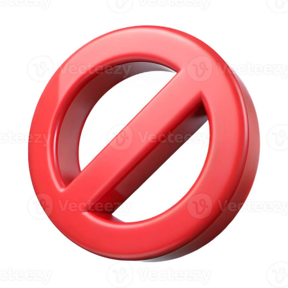 3D Red Circle with Diagonal Bar and Transparent Background, prohibition glossy icon png