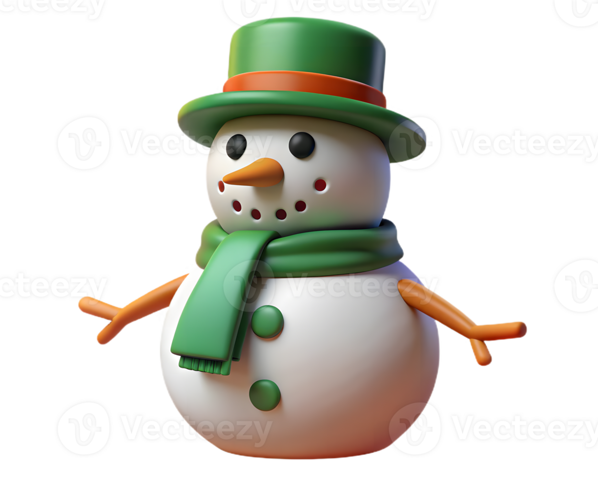3D Snowman with Green Hat and Scarf on Transparent Background Holiday Icon png