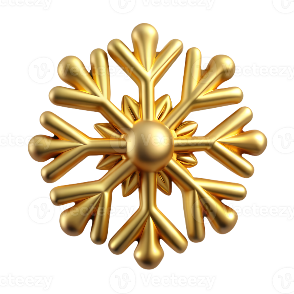 Golden Snowflake Shiny 3D Render on Transparent Background Elegant Holiday Decoration png